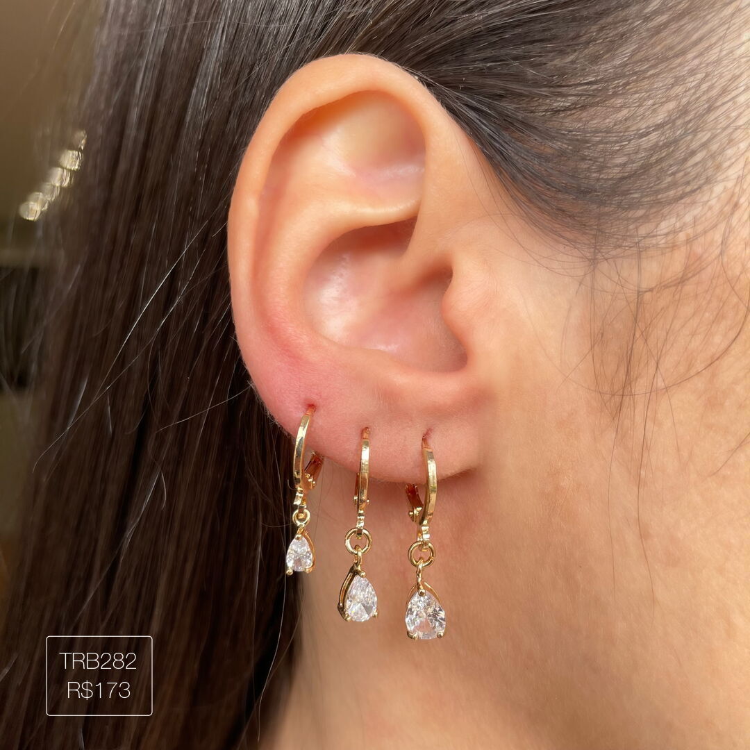 Trio Argola de Gota Pendurada Cristal Dourado